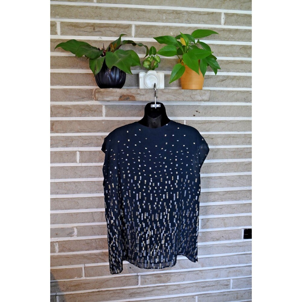 Lafayette 148 New York Sz L Blouse Sleeveless Black/Silver/Gold Geometric Lined